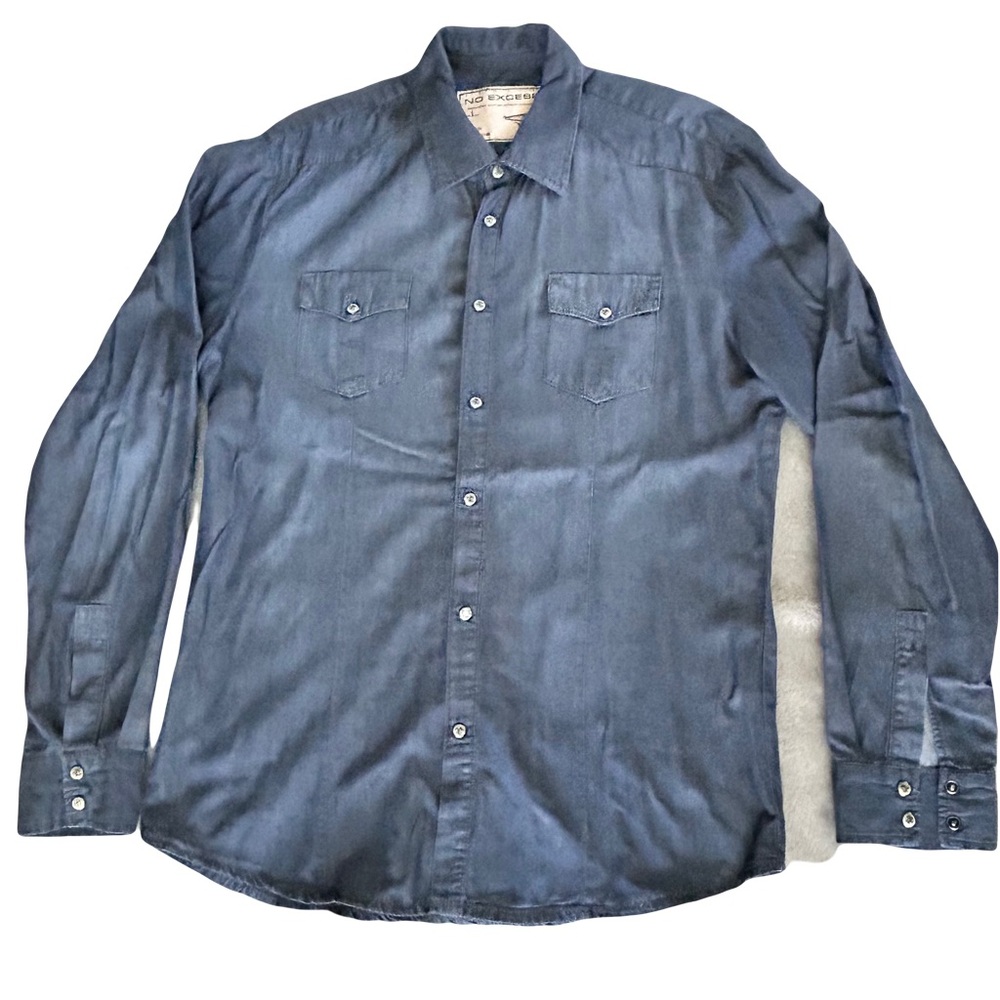 NO EXCESS DUTCH ORIGIN BLUE FRONT SNAP BUTTON POLO SHIRT SIZE LARGE LONG SLEEVES